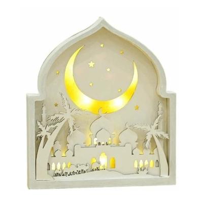 Creative Eid Desktop Ornament LED Moon Night Light Ornament Small House-shaped Design Crafts Eid Wooden Decoration