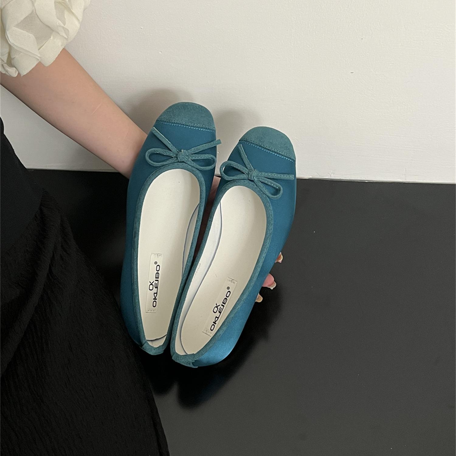 

Мода 2025 Женские балетки с бантом, шелковые лоскутные туфли на плоской подошве, женские мокасины на мягкой подошве, повседневные слипоны, балетки Mujer, сворачивающиеся лоферы 35 синий