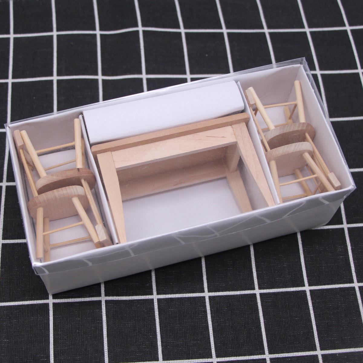 Miniature Dollhouse Wooden Dining Table & Chairs with Food Play Props
