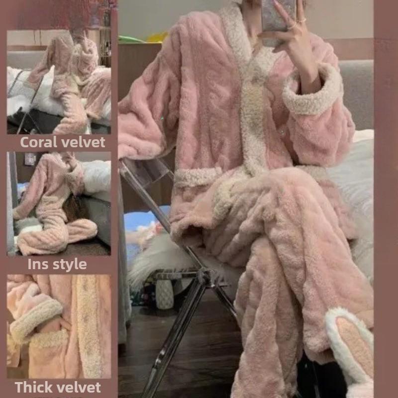 Coral Fleece Pajamas Women  Autumn and Winter  Thickened Fleece-lined Graceful Home Wear Set
