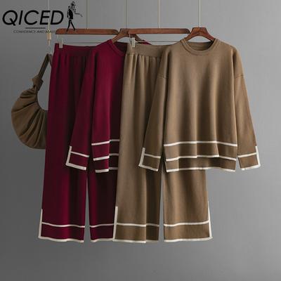 Fashion Casual Set Autumn and Winter Color-blocking Open-slit Long-sleeved Knitted Sweater High-waisted Wide-leg Pants Two-piece Set