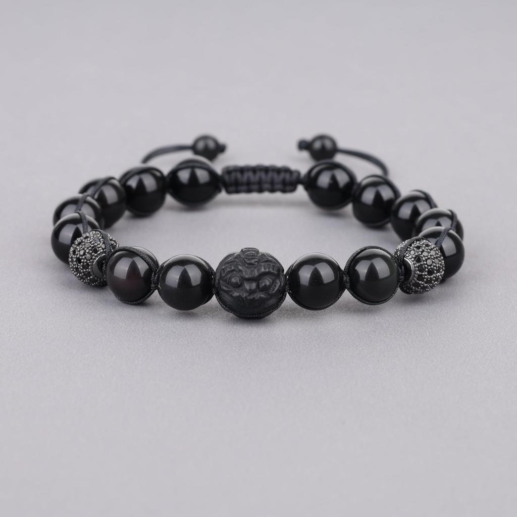 Koai Pixiu Carved Obsidian CZ Diamond Power Stone Bracelet for Good Luck and Adjustable Prayer Beads Evil, Length, Men's