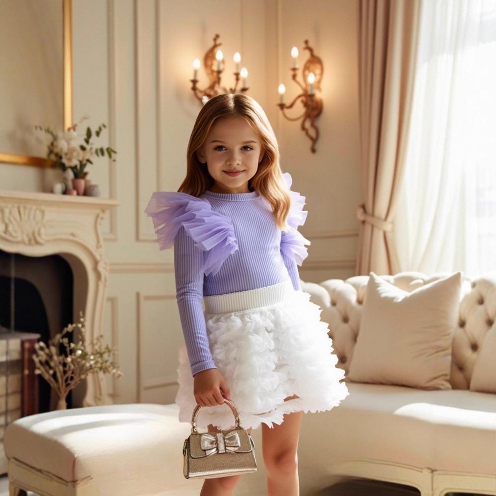 3-7Y Girls' Long-Sleeve T-Shirt + Skirt Children's Half-Skirt Spring/Fall Princess Tulle Skirt Long-Sleeve T-Shirt Puffy Skirt Set