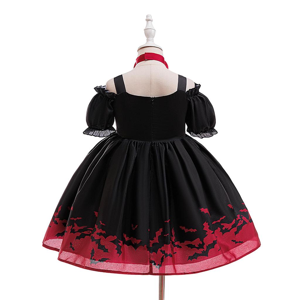 Black Mesh Print Halloween Princess Party Dress for Kids