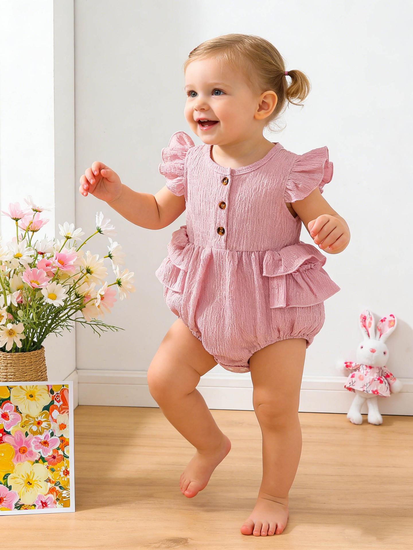 

Ruffle Sleeve Bodysuit: Newborn Photo Romper with Front Snap Opening 9-12 Months розовый