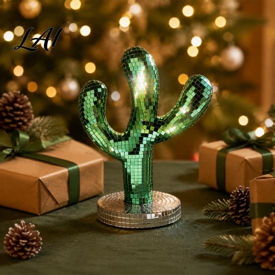 Creative Shiny Cactus Figurine Disco Ball Statue Green Mirror Mosaic Decor Retro Decorative Object for Entryway Table Ornament Home Christmas Party