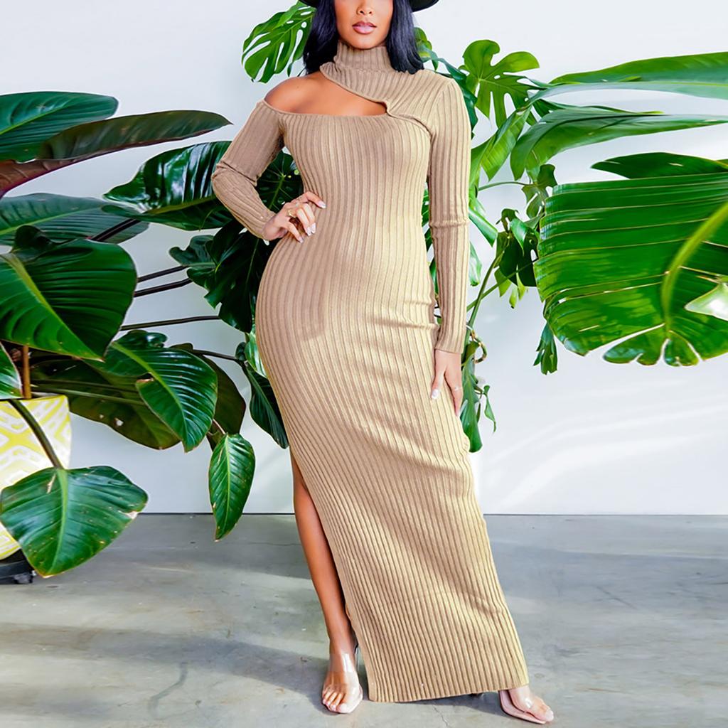 Damen Sexy Farbe Rollkragen Sexy Schlitz Temperament Kleid