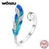 WOSTU 925 Silver Enamel Blue Feather Open Ring For Women Shiny Cz Adjustable Statement Rings Wedding Party Jewelry Gift
