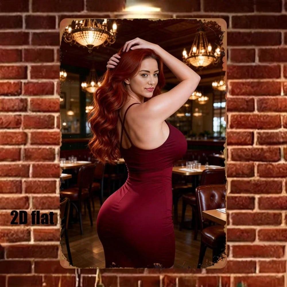 Metal Wall Art Poster Retro Redhead Beauty with Chandelier for Bar Decor