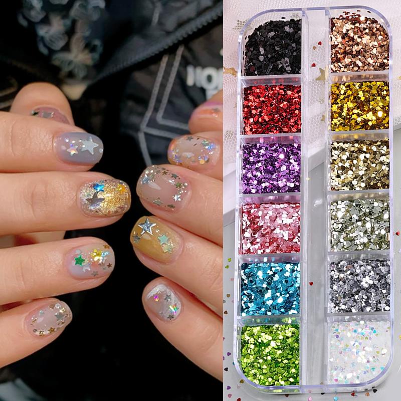 12 Grids Mixed Star Heart Nail Glitter 1Mm Star Sequin Nail Art Diy Colorful Sparkling Nail Charms Nail Decoration Accessories