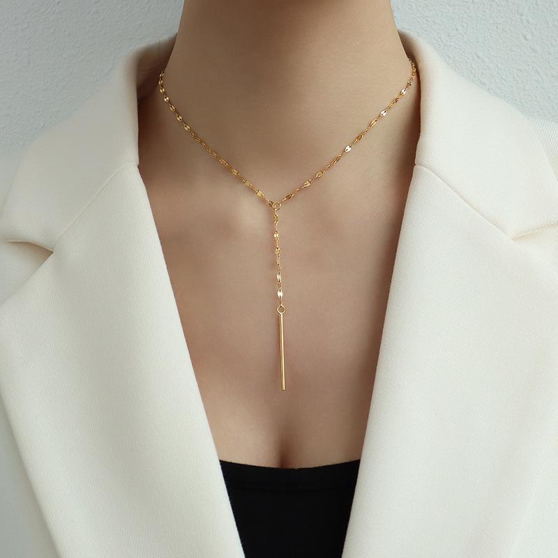 Marka French Style Y-Shaped Tassel Necklace, Titanium Steel 18k Gold P529