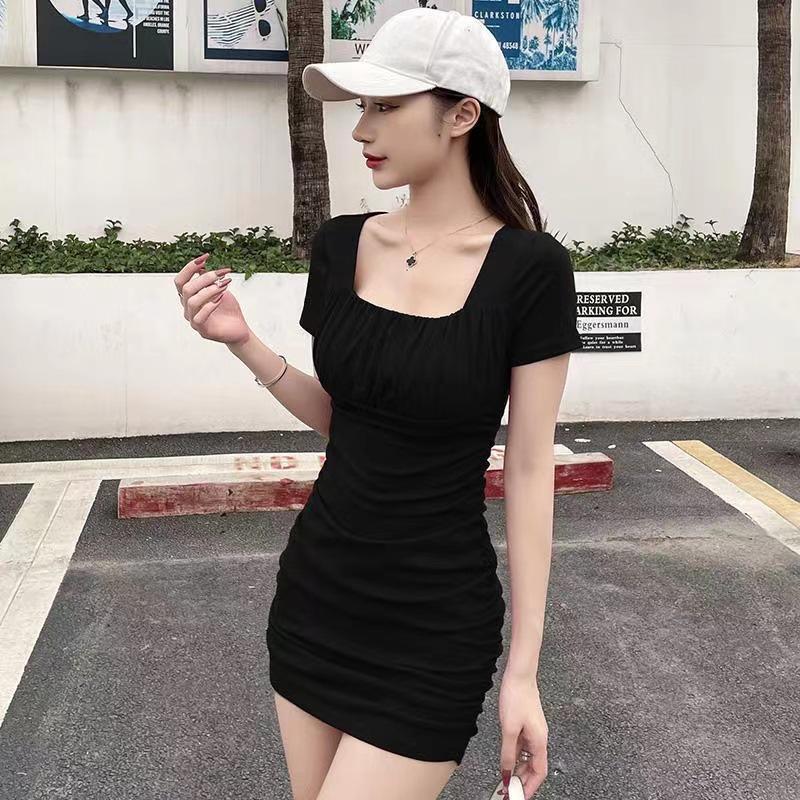 Summer Sexy Square Neck Bodycon Mini Dress - French Goddess Style, Slim Waist, Pleated Design