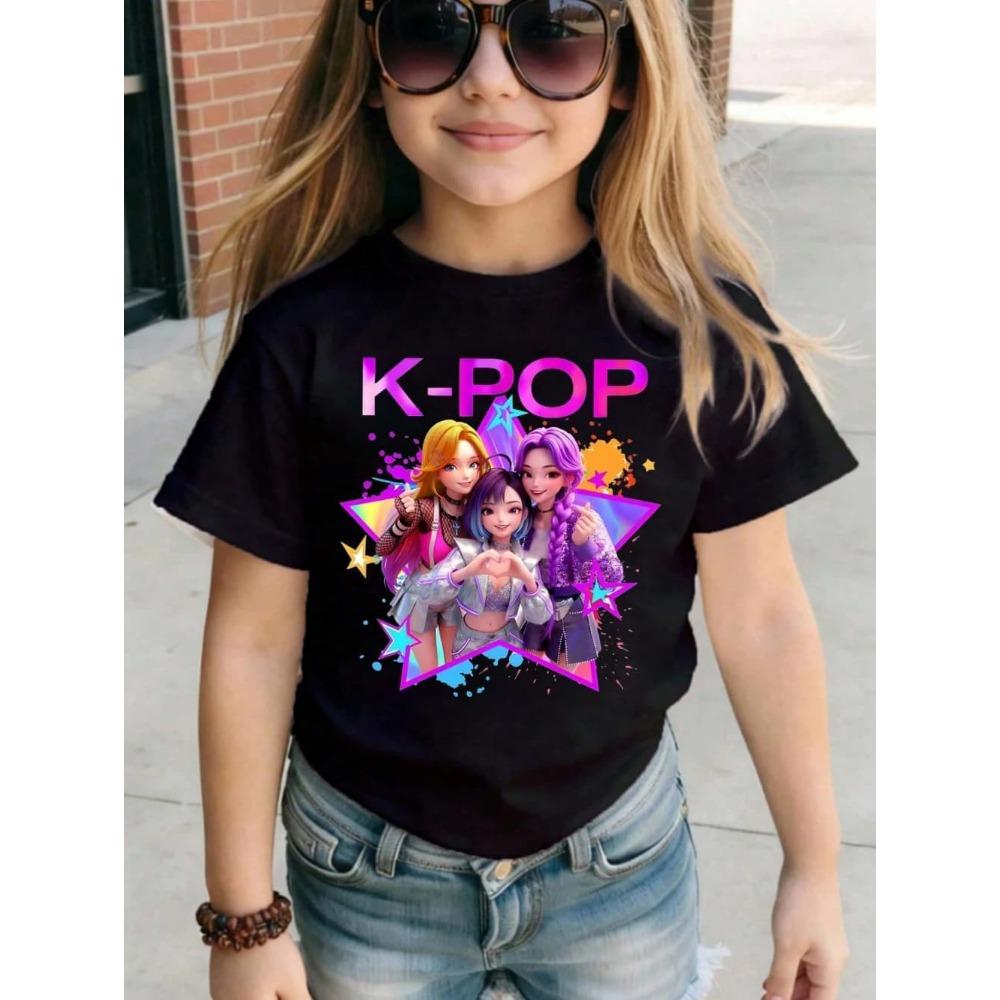 Kpop Cartoon Graphic Girls T-Shirt Casual Round-Neck T-Shirt Suitable for Girls Kids Gift Short Sleeve Tops Children's Clothing