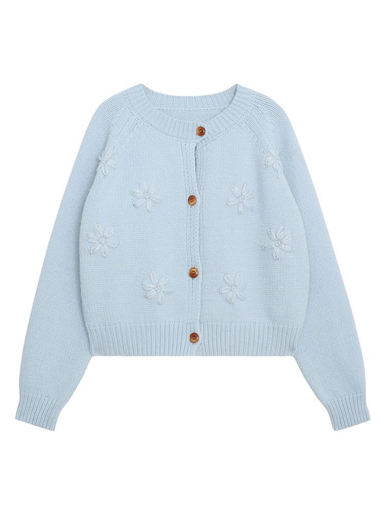 Women's Loose Korean Style Long Sleeve Knit Cardigan with 3D Blue Flower - Early Spring 2026 Collection