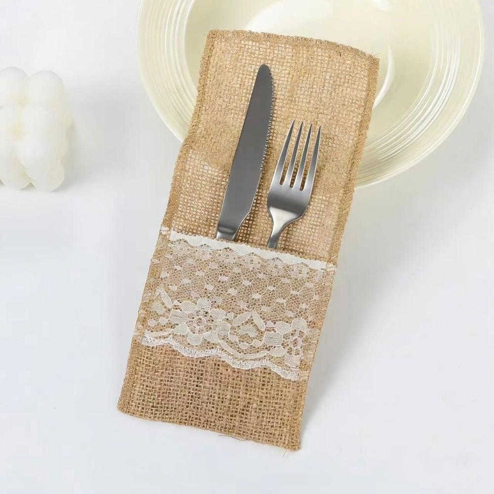 Portable Rustic Style Linen Lace Cutlery Bag Lace Burlap Fork Bag Decorative Chopsticks Sleeve Desktop Ornaments