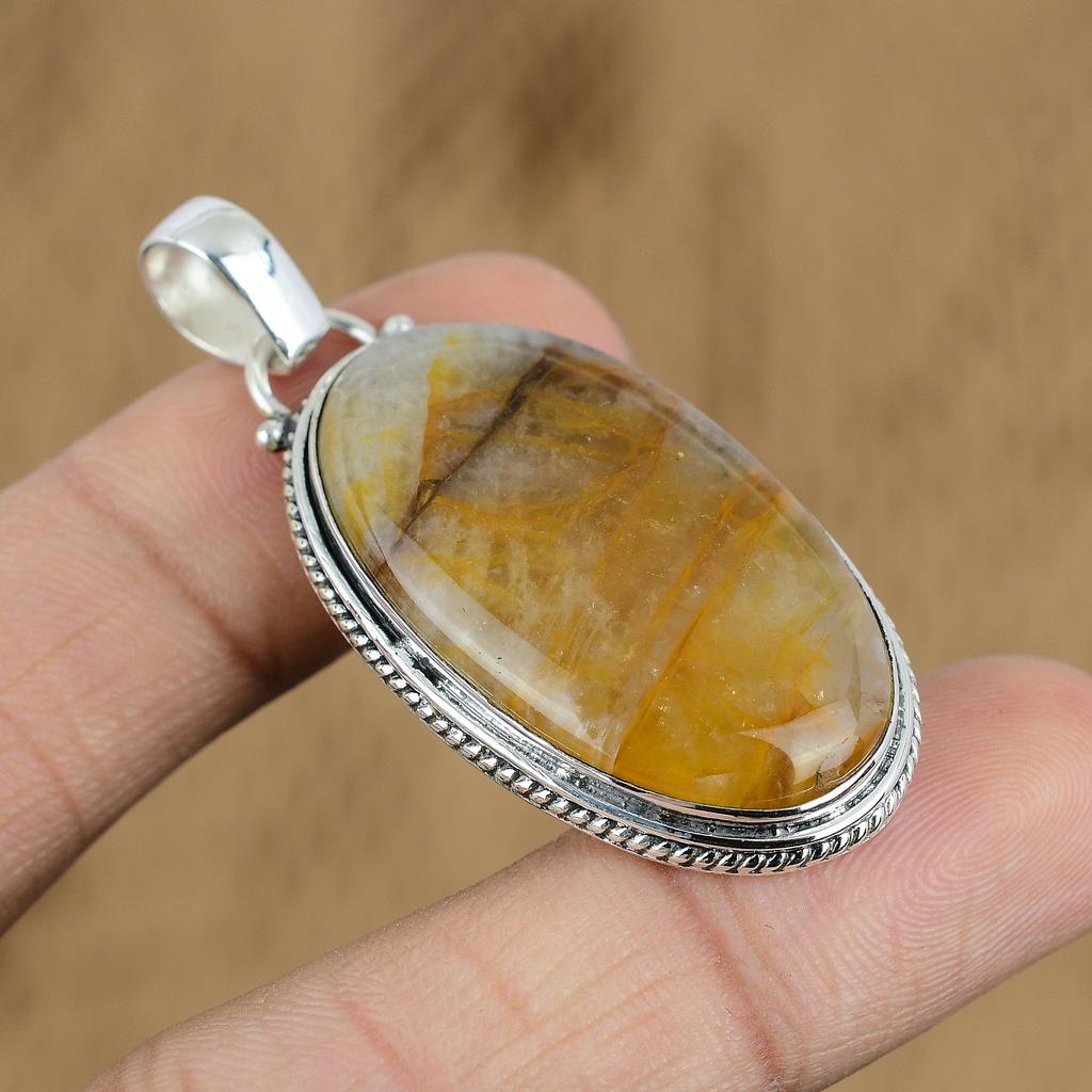 Natural Plume Agate Gemstone Pendant Handmade 925 Sterling Silver Indian Jewelry