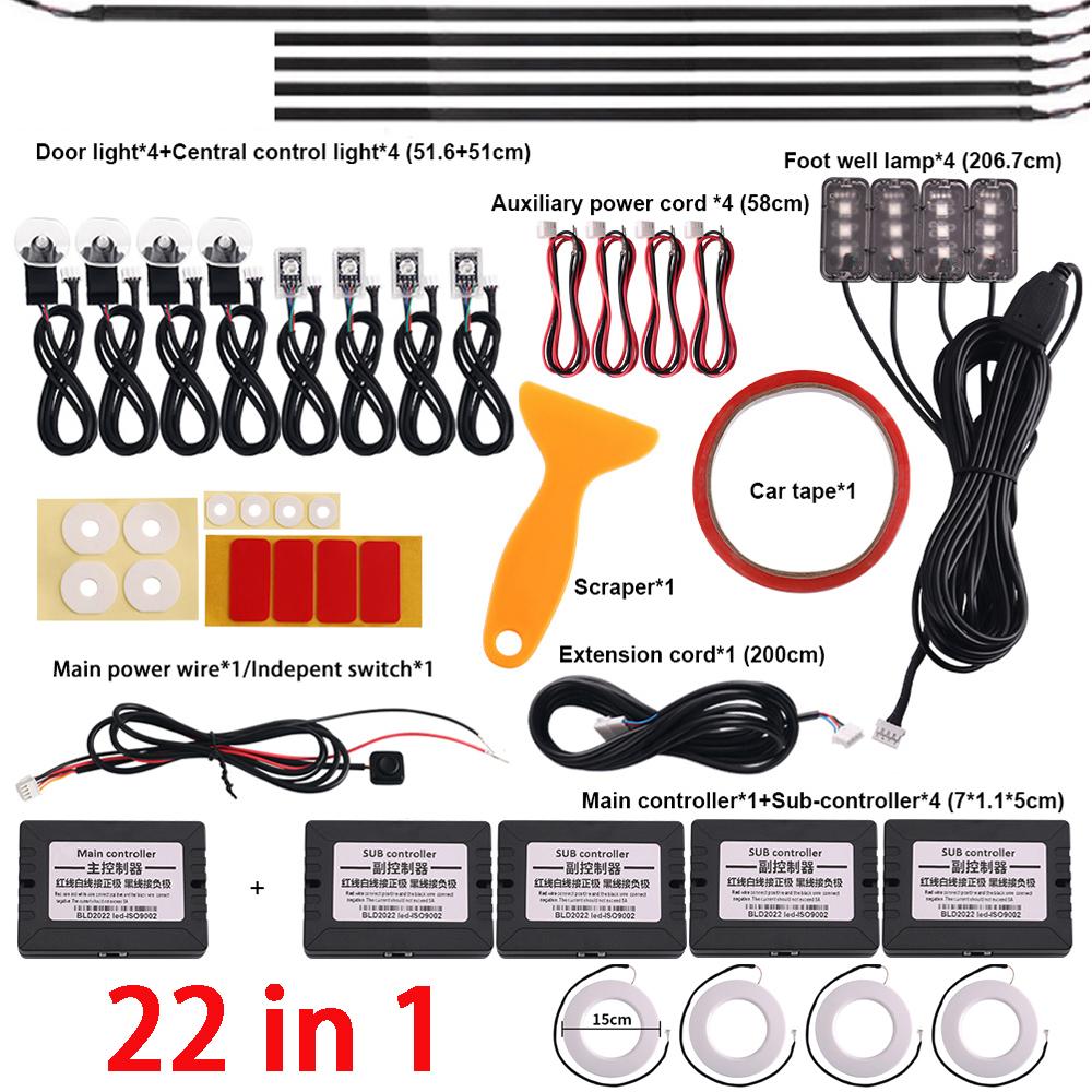 18 v 1 64barevné RGB Symphony Car Ambient Light Interiérové ​​akrylové vodítko LED páskové světlo Dekorace Atmosférická lampa pomocí ovládání aplikací
