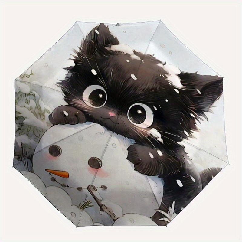 1pc Snowman & Cute Cat Pattern Automatic 3-Fold Umbrella, 8 Iron Frames, High-Value Folding Umbrella, Suitable for Office, Travel and Outdoor Adventur