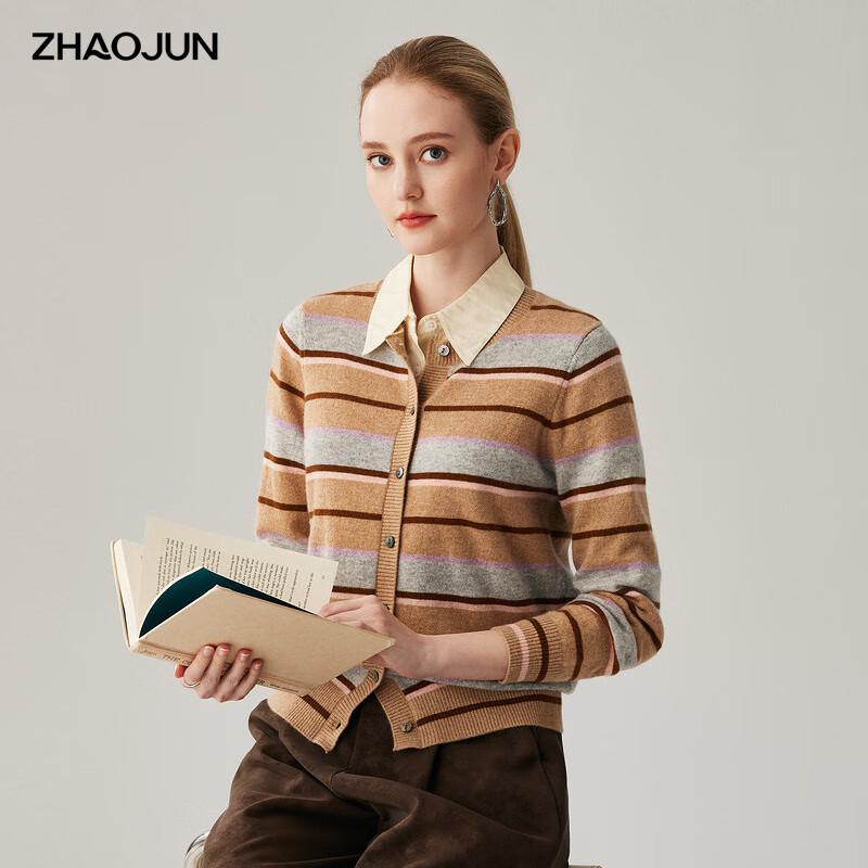 

Zhaojun Women s 100% Cashmere Striped Round Neck Cardigan Sweater XL