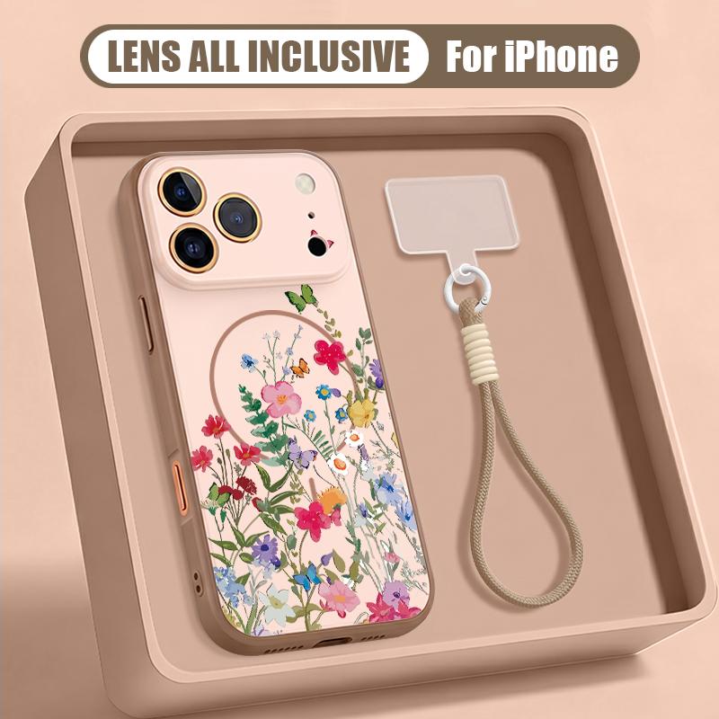 INS Sunflower Print Hand Strap Case For iPhone 17 Pro Max Hybrid TPU+PC Magnetic For Magsafe Matte Cover For iPhone 16 15 14 13 Pro Max
