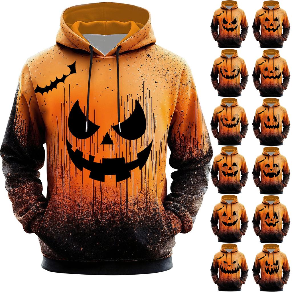 Men's Halloween Hoodie Funny Pumpkin Face Hoodie Scary Long Sleeve Top