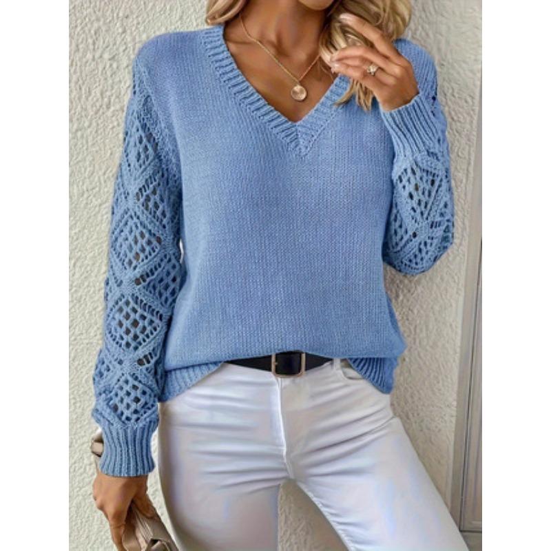 Fashion Long Sleeved V-neck Hollow Out Pullover Sweater Women Lace Loose Casual Top Solid Color Knitted Ladies Sweaters Autumn Winter Office Clothing