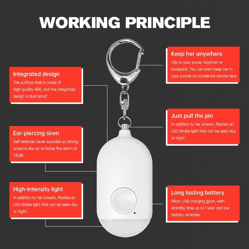 Personal SOS Defense Alarm 130dB with LED Light Rechargeable Self Defense Woman Safety Alarm Key Chain Emergency Anti-Attack