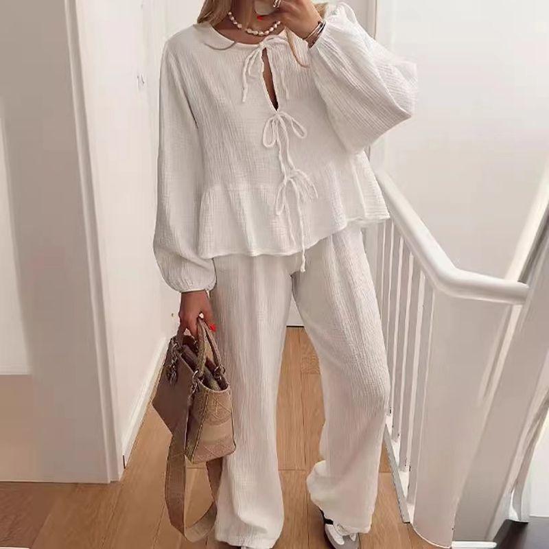 

European and American New Fashion Lantern Sleeve Lace-up Top Trousers Set Lace up Top and Pants Set White L