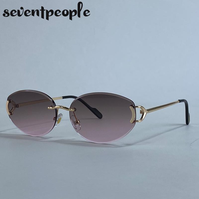 Small Frame Oval Frameless Sunglasses Women  Luxury Brand Vintage Metal Punk Sun Glasses For Ladies Trendy Outdoor Shades