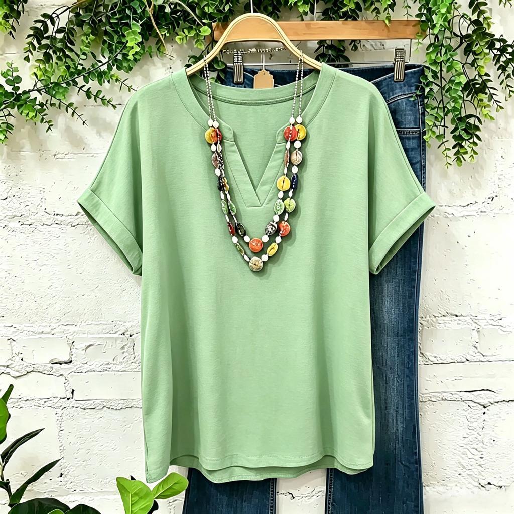 Women's Casual Solid Color V Neck Short Sleeve Top Lightweight Breathable Linen Cotton Blend Shirt for Daily Wear