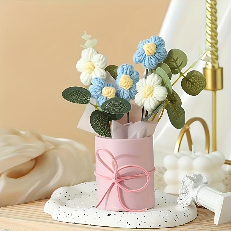 1PC handmade crochet bouquet with pink vase, including crocheted flower fabric wrapping paper and ribbon - carefully woven cotton thread