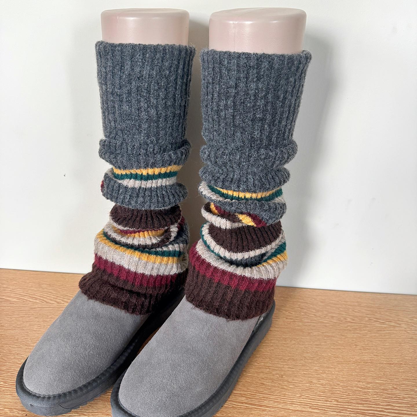 Retro Beinstulpen Herbst und Winter Warme Gestrickte Fußabdeckung Kniestrümpfe Mehrfarbige Gestreifte Beinstulpe Y2K Beinabdeckung Strümpfe Socken One Size gray