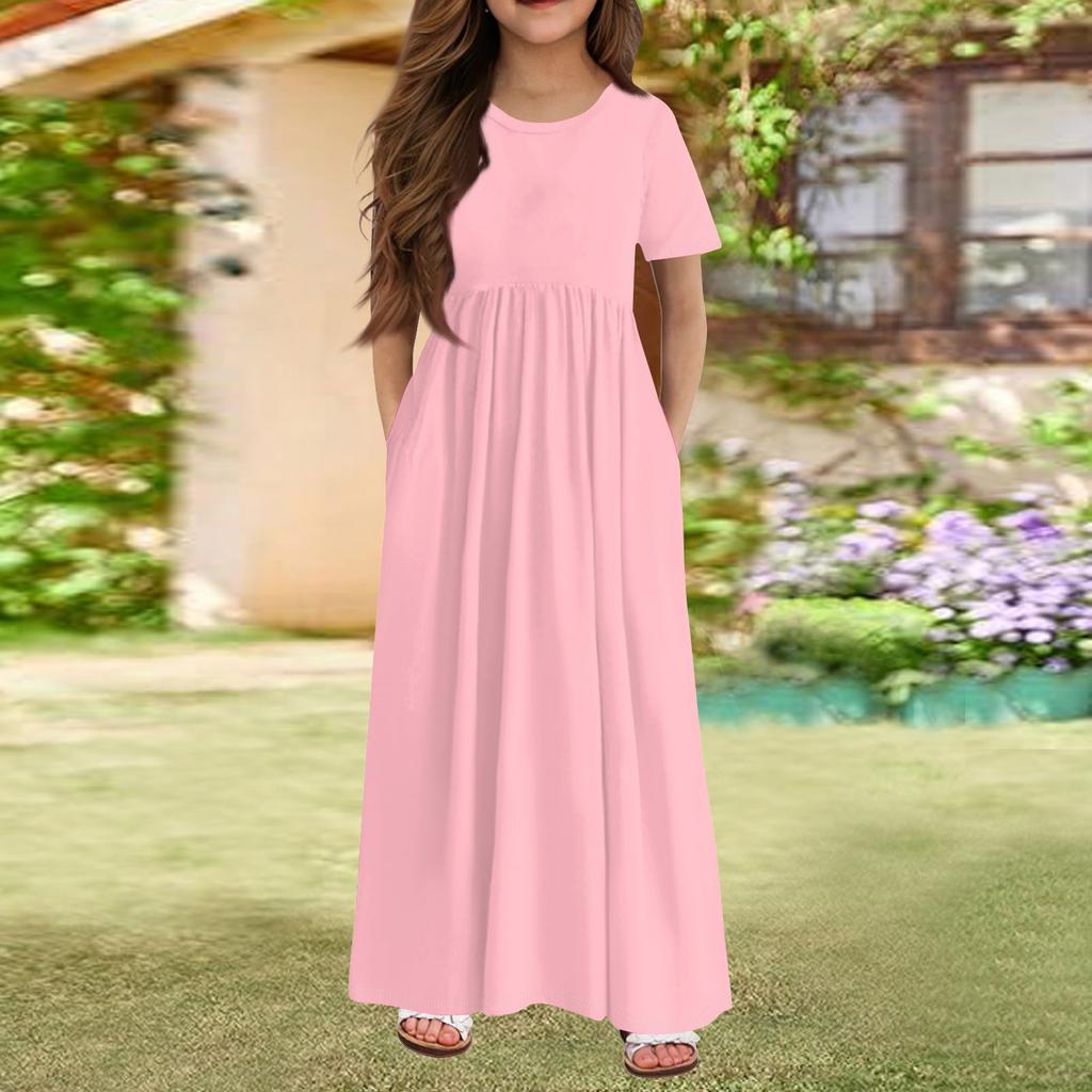 Girls' Long Summer Dress - Short Sleeve Pocket Maxi Dress For 4-14Y