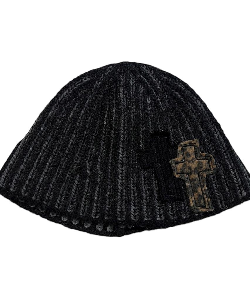SK8ER ROCK Tone On Tone Cross Beanie ((Black))