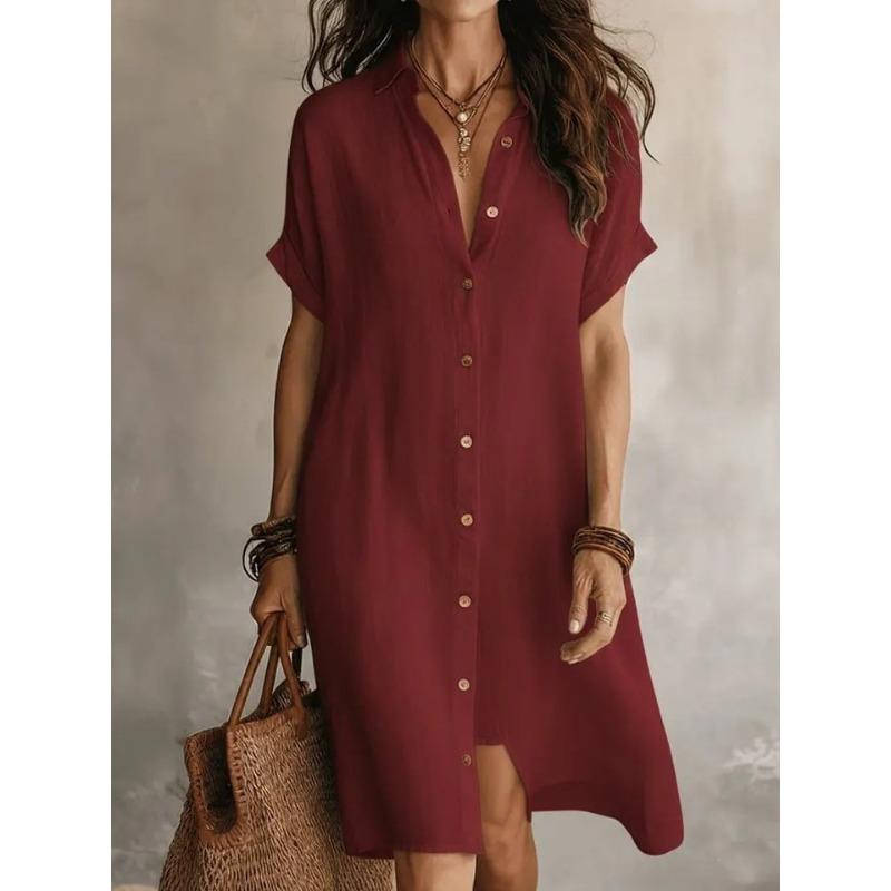DICIFY Women's Fashion Summer Spring POLO Neck Short Sleeve Solid Color Print Casual Dresses