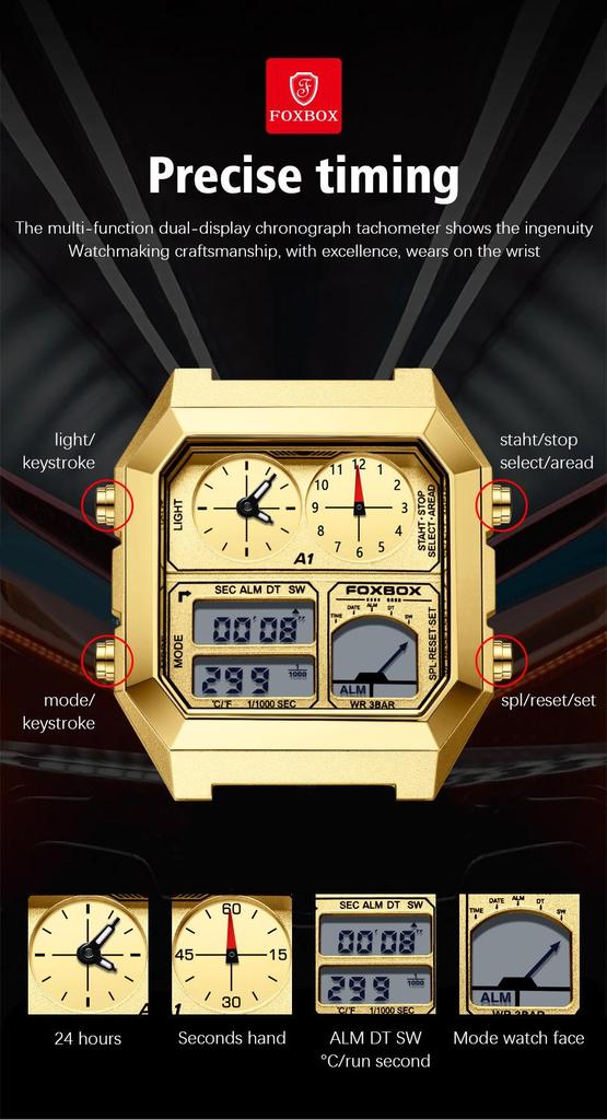 FOXBOX Men's Square Multifunctional Student Electronic Watch with Alarm and Waterproof Features