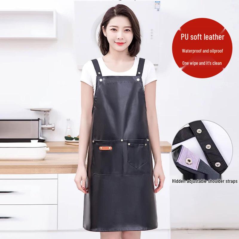 PU Soft Leather Waterproof Kitchen Apron, Oil-Proof, Wash-Free, Unisex Strap Waistband for Cooking and Catering.