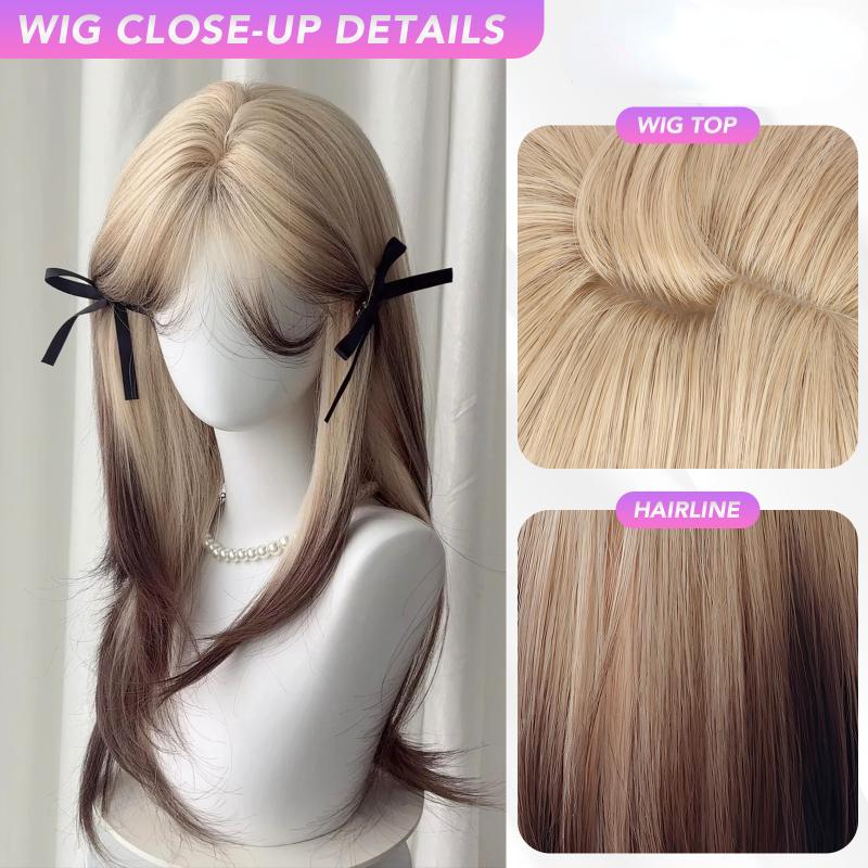 22 Inch Blonde Straight Bangs Wig Fiber Synthetic Wig Heat-resistant Non-Glare Natural Cosplay Hairpiece For Women Daily Korean Fashion