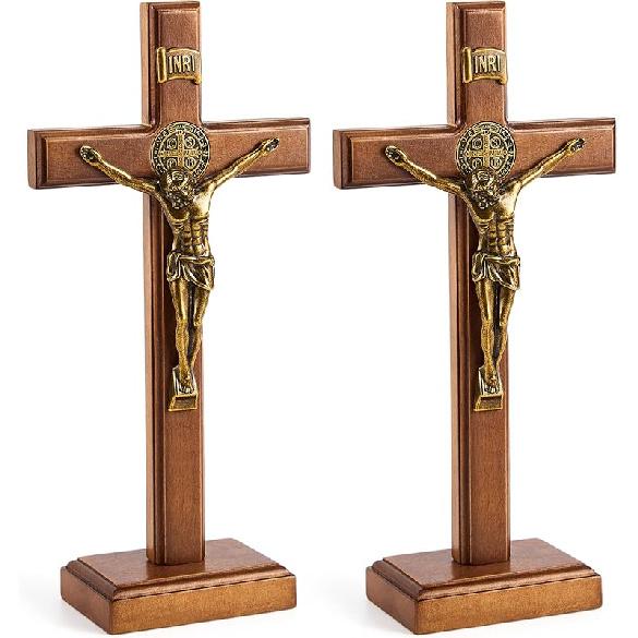 Leinuosen 101 Inch Wooden Cross Wall and Table Catholic Wooden Cross Stand Decoration Jesus Christ Home Baptism Holy Communion Church