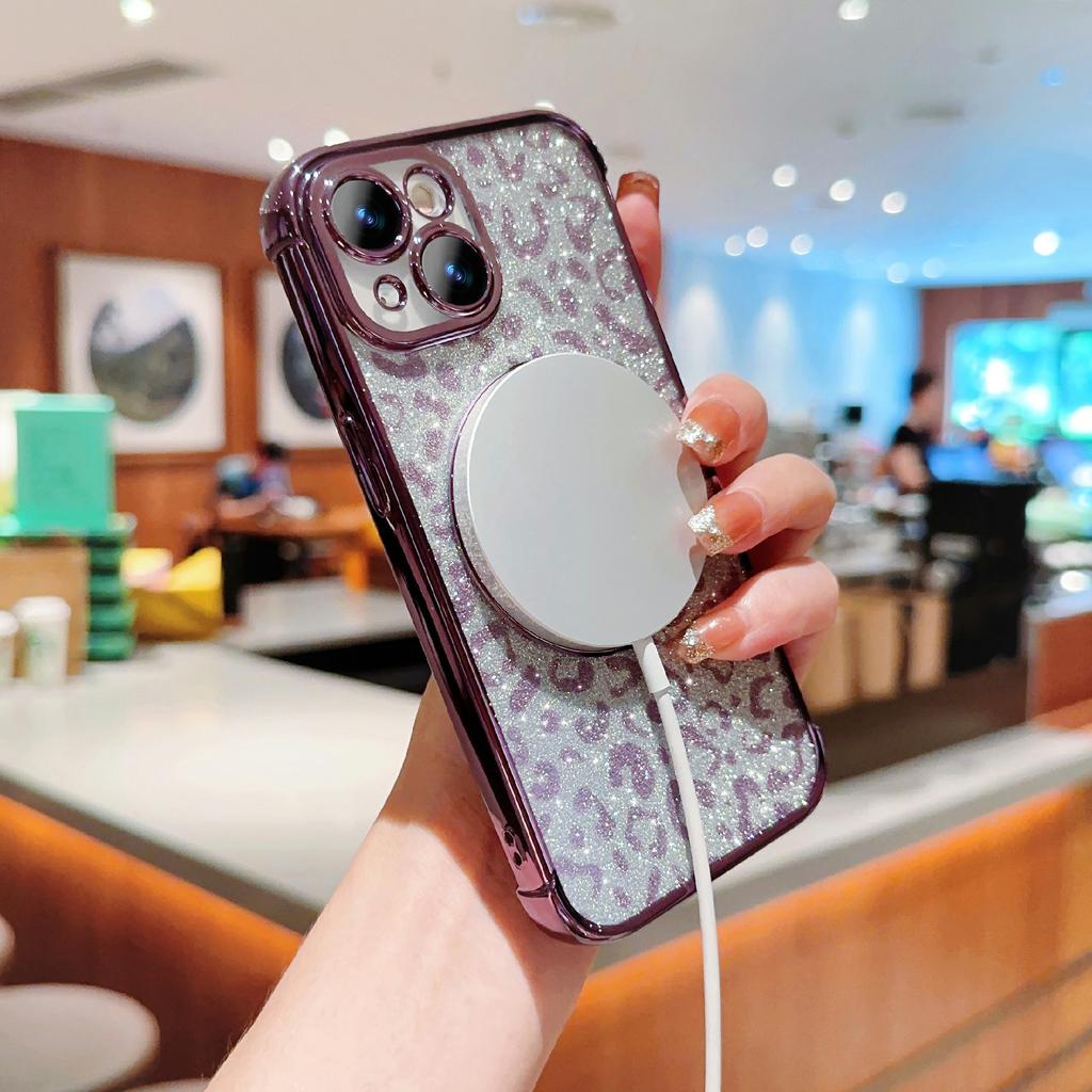 For iPhone 15 Case Compatible with MagSafe Bling Glitter Leopard Print TPU Clear Phone Cover
