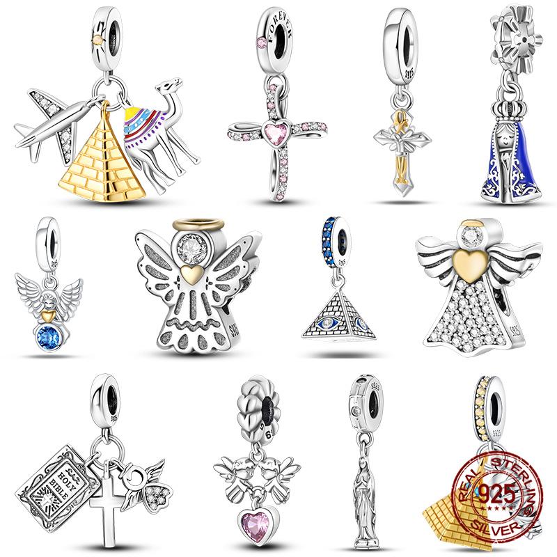 Bible Cross Pink Zircon charms Fit 925 Bracelet DIY Jewelry Making Women's Gift 100% 925 Silver