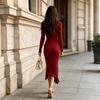 Women's V-Neck Long Sleeve Midi Dress with Side Slit, Slim Fit Flattering for Daily Wear