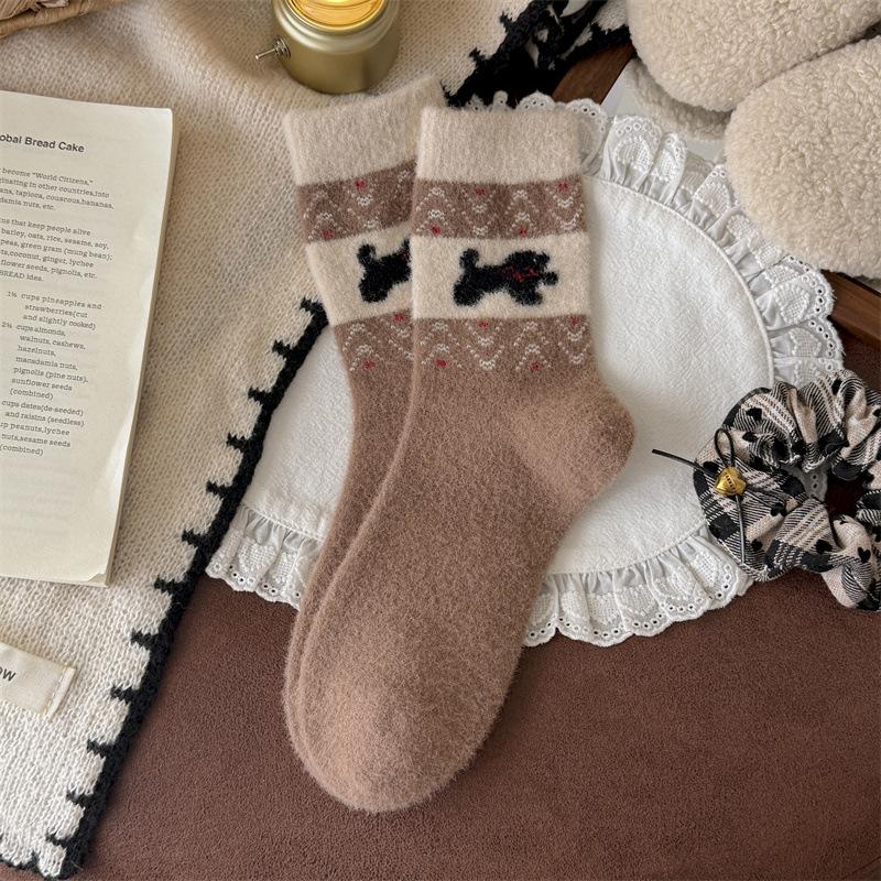 Katong Little Dog Retro Australian Fleece Socks Women's Autumn and Winter Mid-calf Socks Thickened, Warm and Versatile, School Style