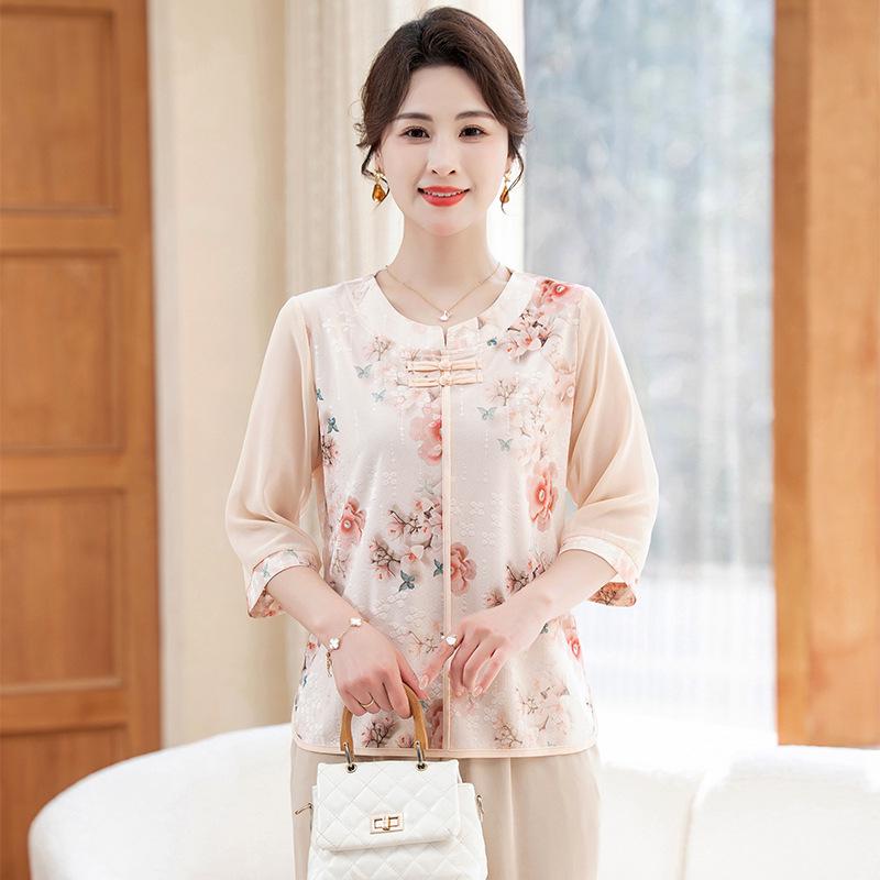 New Chinese Trend T-shirt for Middle-aged Women: Summer Loose Fit, Tummy-covering, Age-defying Seven-quarter Sleeves