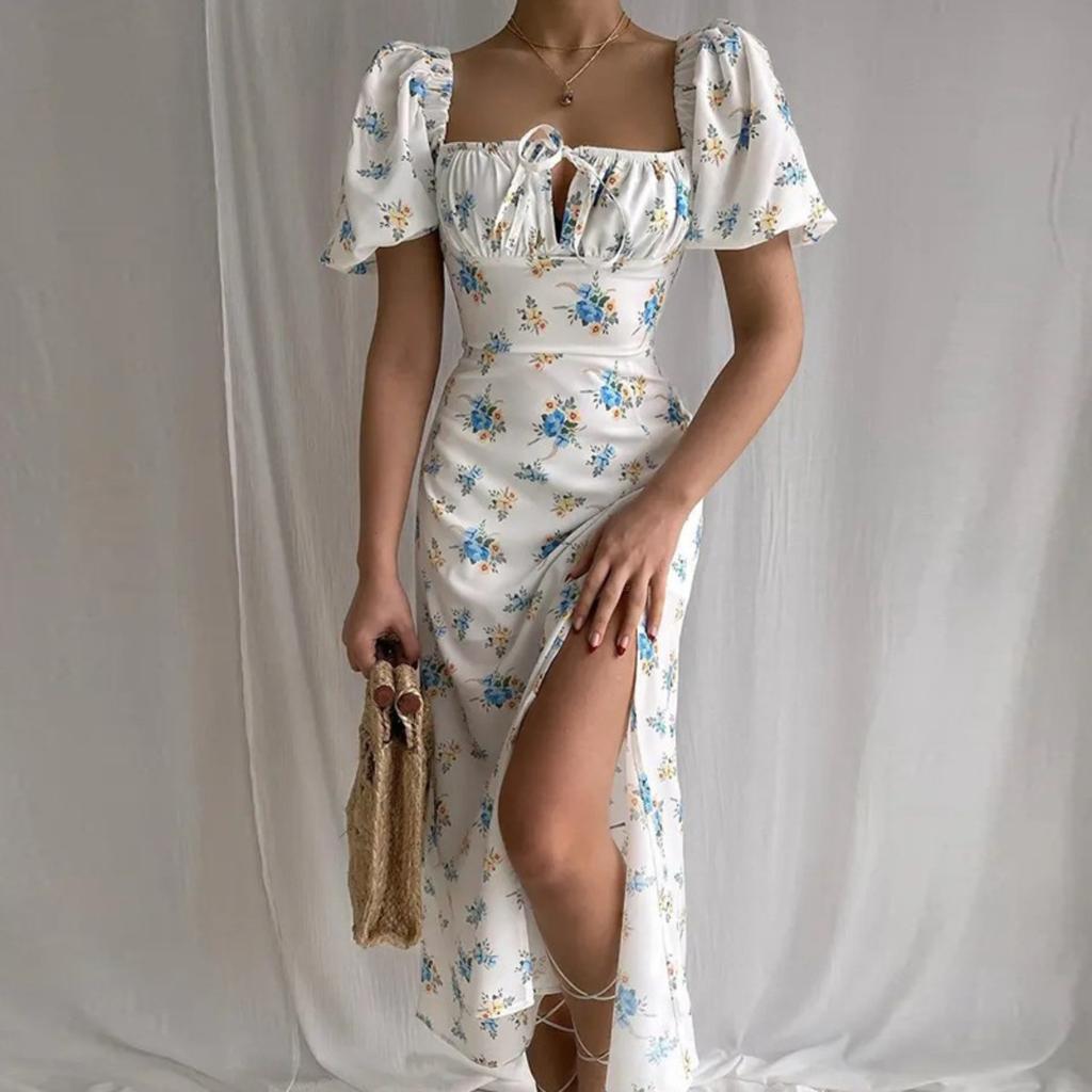 Women's Square Neck Puff Short Sleeve Maxi Dress Slim Fit High Waist Elegant Floral Print Side Slit Dress