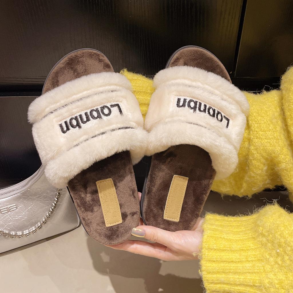 One-word Open-toed Fluffy Slippers for Women, New Autumn and Winter Letters, Round Head, Comfortable and Versatile Flat-bottomed Slippers for Women
