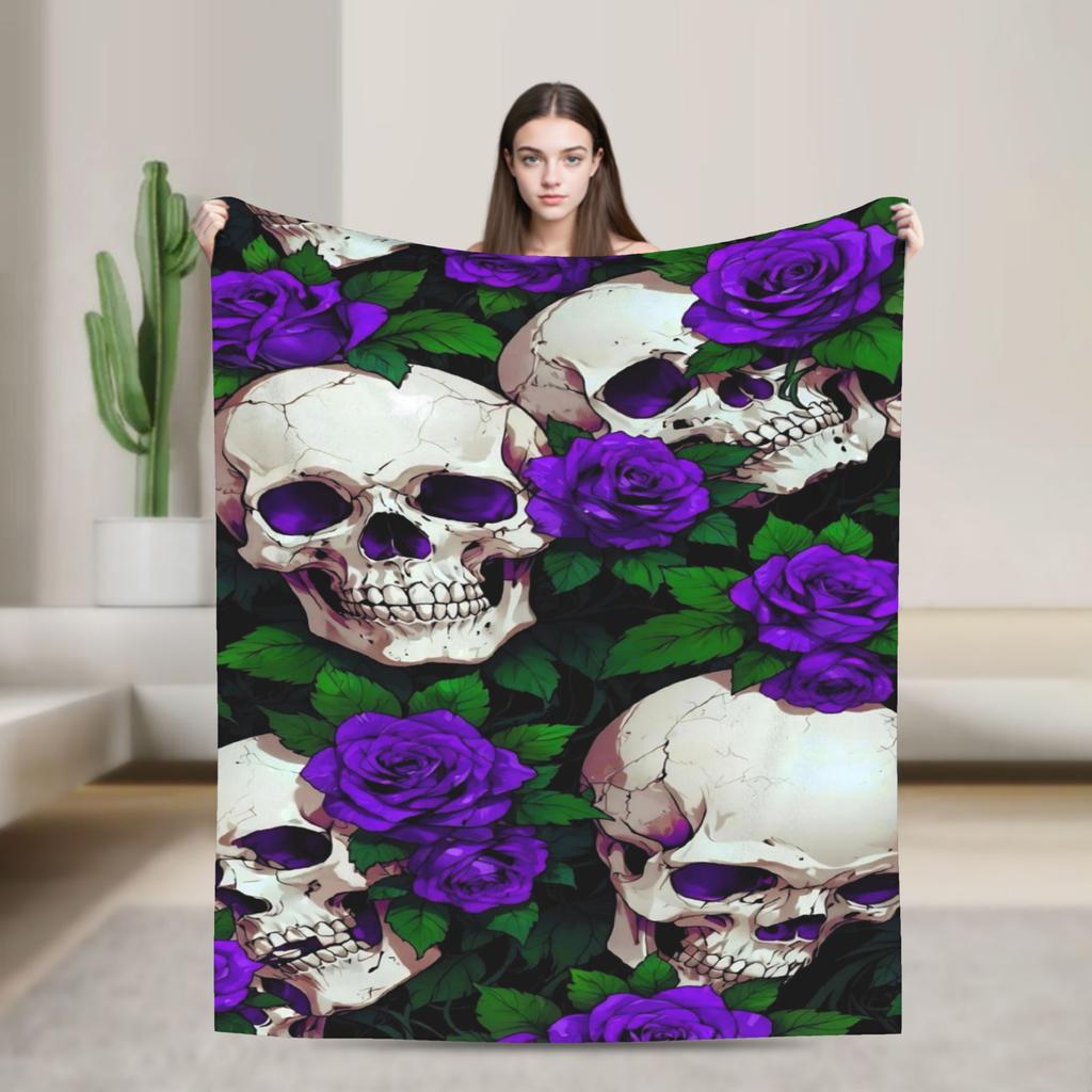 Halloween Skulls And Flowers Gothic Goth Merch Blankets Lightweight Thin Velvet Throw Blanket Comfortable Bedspreads