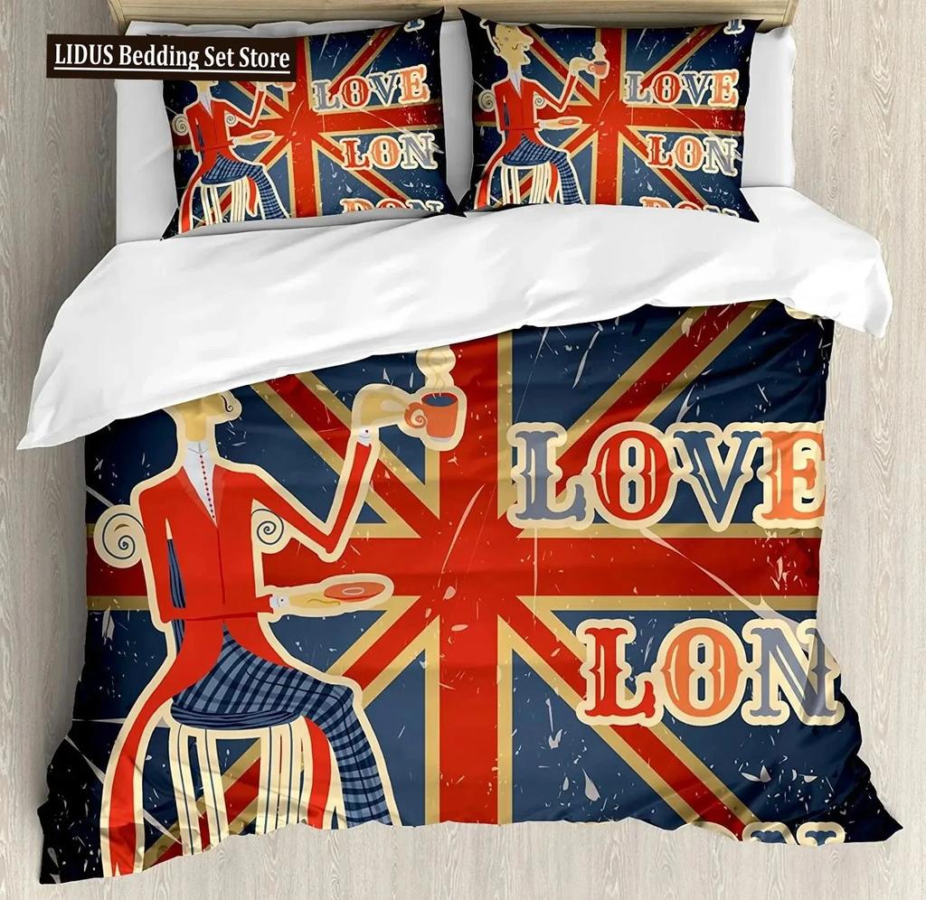 UK London Style King Queen Duvet Cover British Elements Bedding Set for Teens Adults London Bridge Big Ben Polyester Quilt Cover