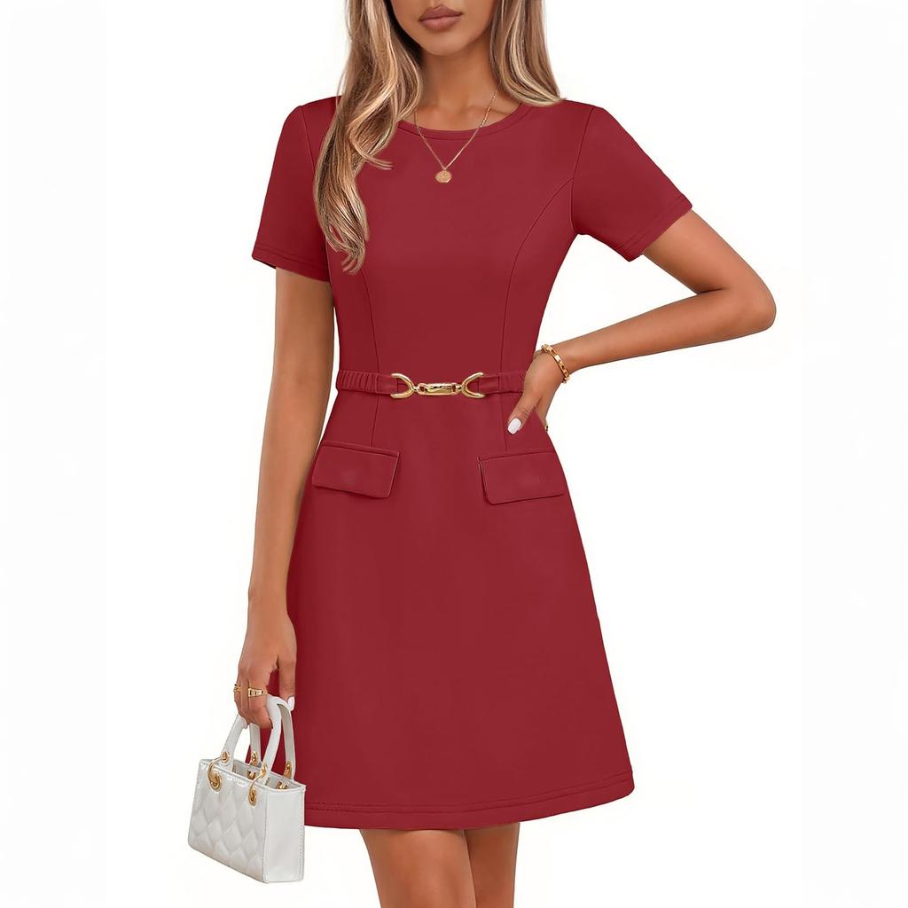 Women's Color Belted Dress - Elegant Summer Wear, Waist Definition