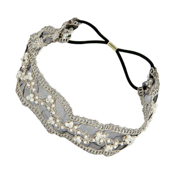 Diadema elástica con cuentas de perlas de imitación y encaje a la moda para fiesta de graduación